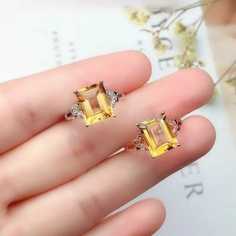 

New Citrine Ring Female S925 Sterling Silver Japanese and Korean Style Fashion Personalized Princess Square Open Ring Lucky