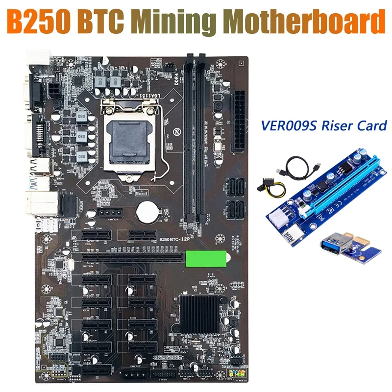 

BTC B250 Mining Motherboard with VER009S Riser Card 12XGraphics Card Slot LGA 1151 DDR4 USB3.0 for BTC Miner Mining