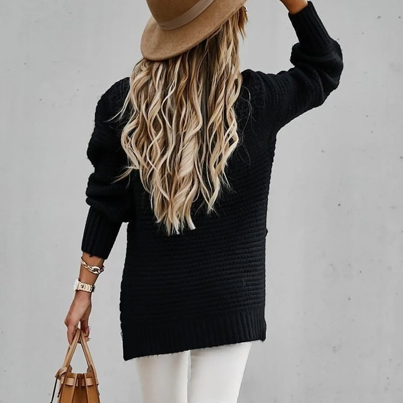 

Women Elegant Solid Ribbed Knit Sweater Fashion O Neck Lantern Long Sleeve Pullover Tops Ladies Winter Casual Loose Slit Jumper