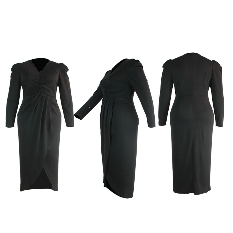 

Plus Size 4XL Office Elegant Long Sleeve Irregular Folds VNeck Black Pink Solid Color Party Long Dress Women Fashion Autumn 2021