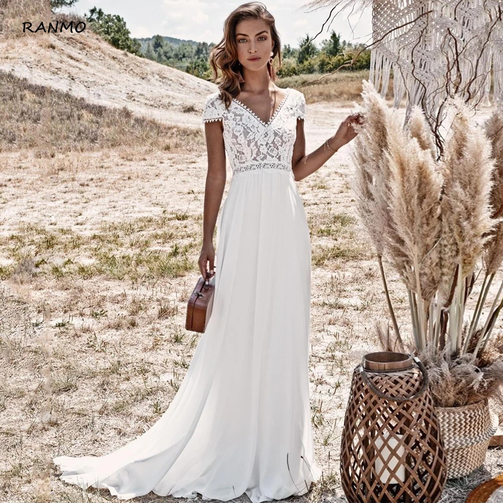 

Vintage Lace Boho Bohemian Wedding Dress Sheath Simple Beach Bridal Gown Sweep Train Chiffon Bride Dresses