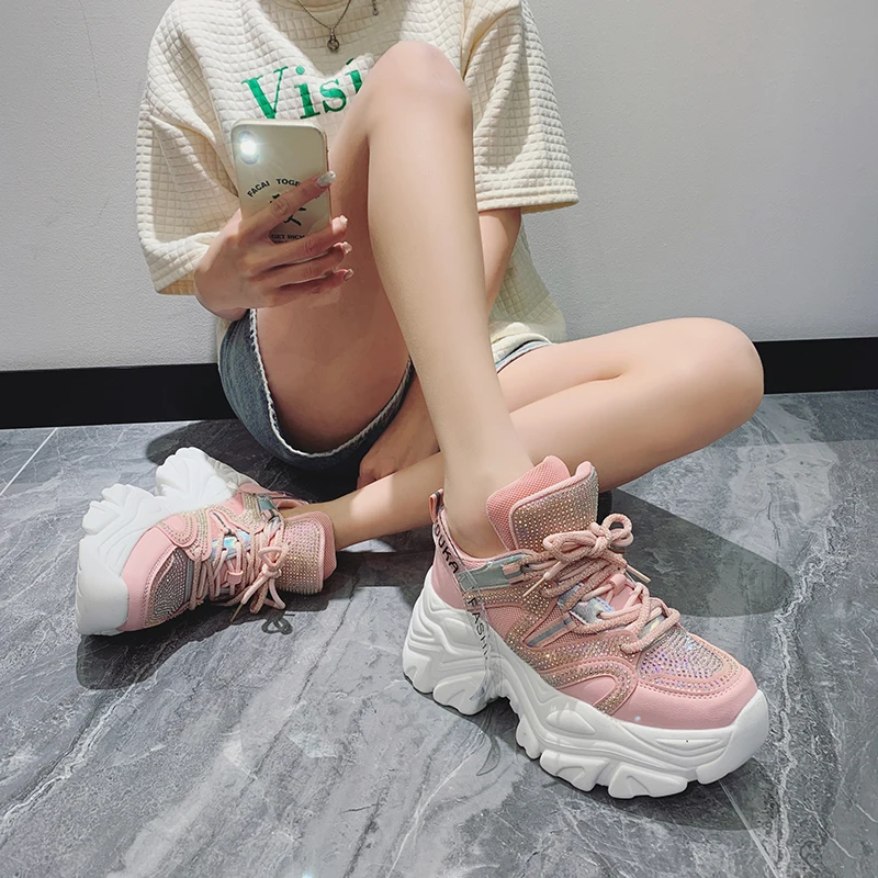 

2021 Fashion Sneakers Women Bling High Platform Shoes Sequins Ladies Crystal Shoes Woman Trainers Chunky Sneakers Basket Femme