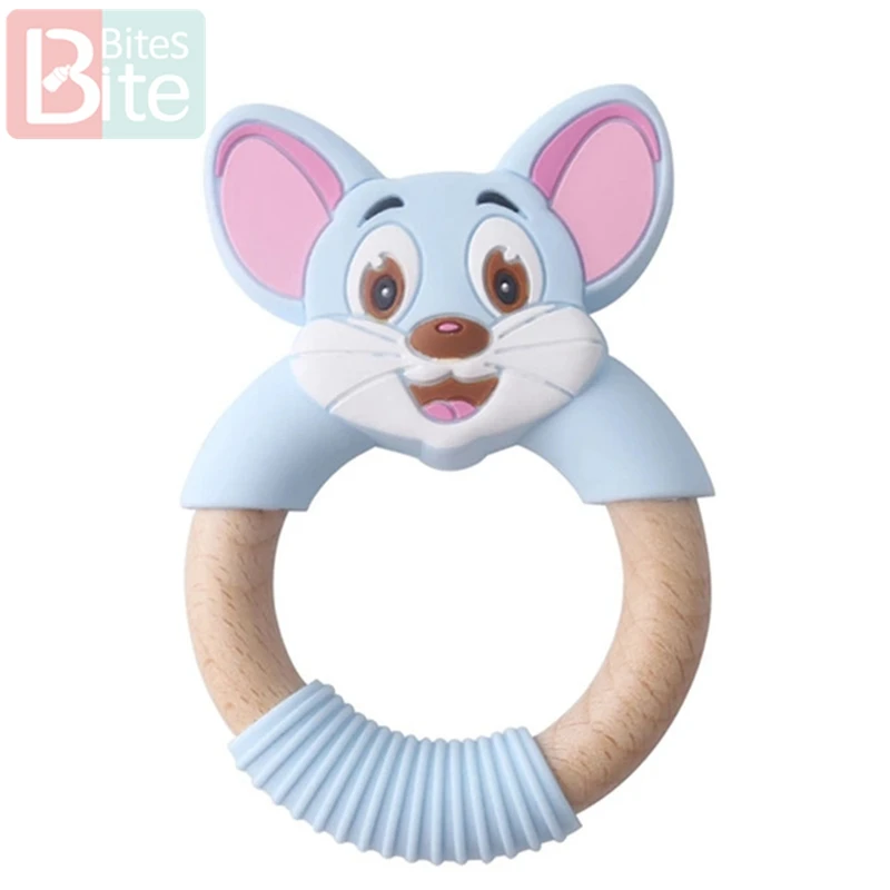 Blue Mouse 1 шт. Детские трофеи силиконовые мыши грызуны Силиконовые Прорезыватели деревянные кольца деревянный Прорезыватель коляска белка для детей товары игрушки - Цвет: Blue Mouse