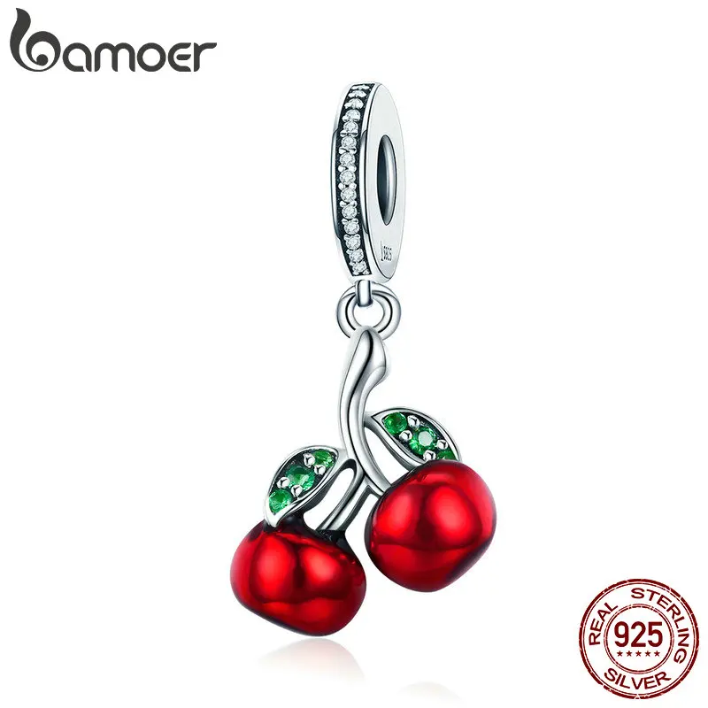 BAMOER, модный 925 пробы, серебряный, фруктовый, Красная эмаль, вишня, подвеска, шарм, подходит для женщин, браслеты и ожерелья, модное ювелирное изделие SCC784