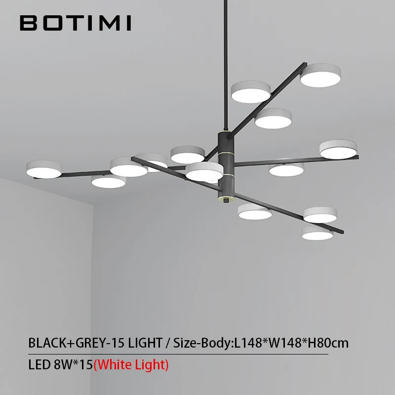 15 Light-Black Gray BOTIMI, современный светодиодный светильник 220 В, люстра для гостиной, Холла отеля, блестящая черная металлическая люстра для спальни, подвесные светильники для столовой - Цвет абажура: 15 Light-Black Gray