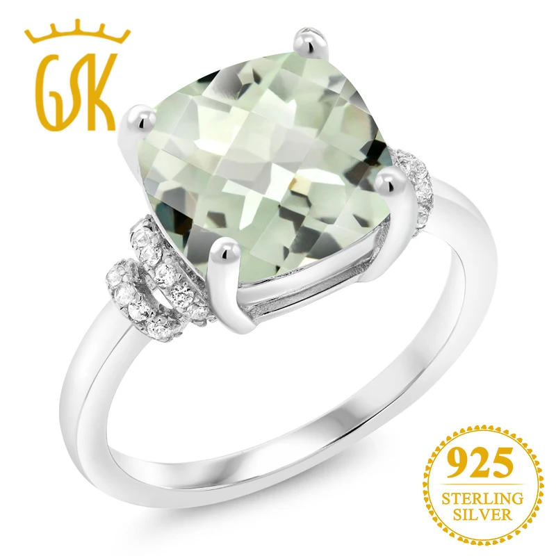 GemStoneKing 3,62 Ct подушка шахматная доска натуральный зеленый празиолит 925 пробы Серебряное кольцо для женщин хорошее ювелирное изделие