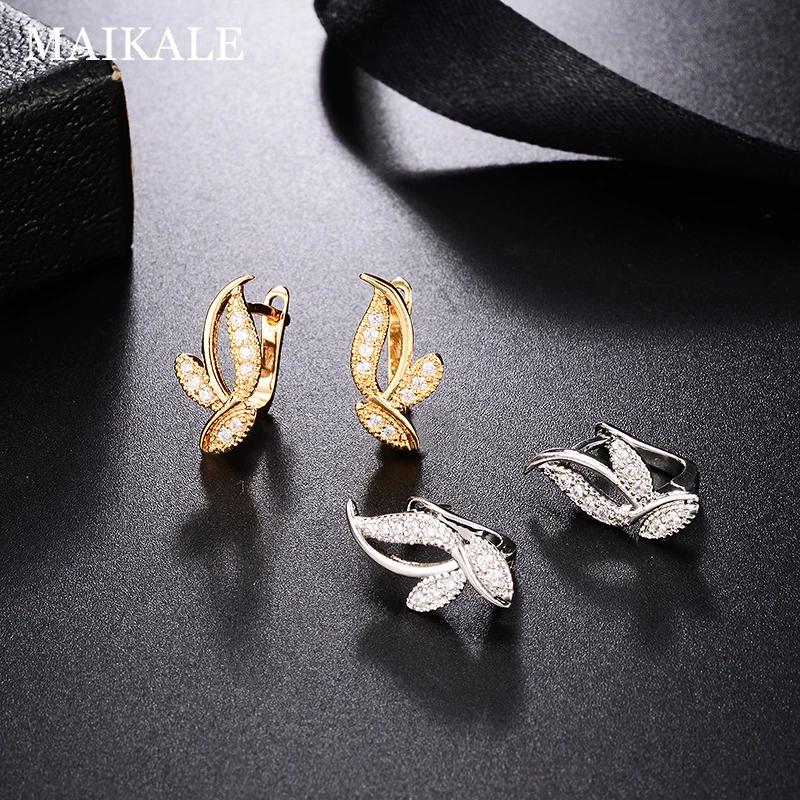 MAIKALE, классические серьги-гвоздики в форме листа с фианитами, покрытые кубическим цирконием, золотые, серебряные серьги с цветком из циркона для женщин, модный подарок