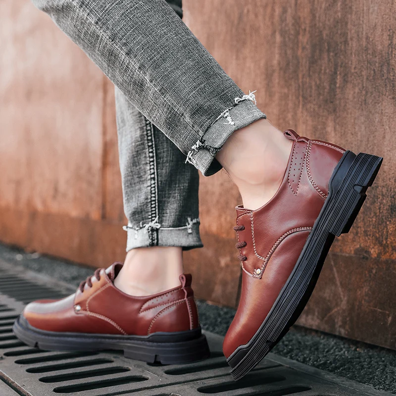 

Genuine Leather Men Casual Shoes lace up Spring Fashion Boat Shoes England style Men's Flats Luxury Brand Lace up Men oxfords