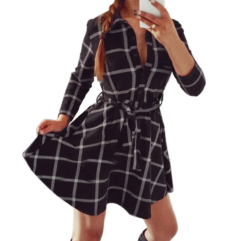 Black Laamei модное клетчатое Короткое женское платье с рукавом 3/4, женское платье-рубашка, платья в клетку, повседневные облегающие мини платья на шнуровке - Цвет: Black