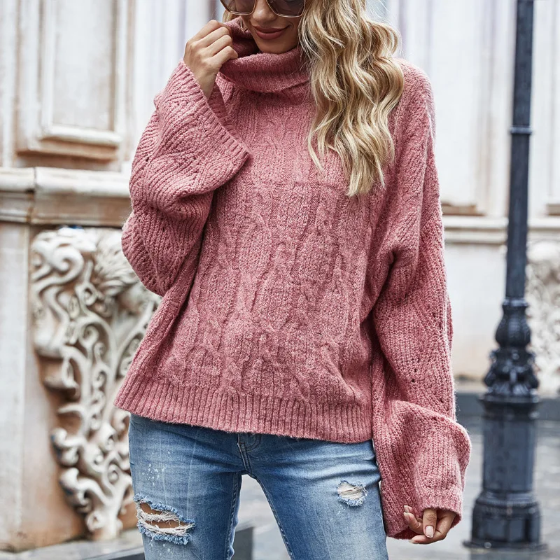 

Cross Border 2020 Autumn and Winter New Style High Collar Mohair Sweater Europe and America Women's Dress Solid Color Bell Sleev