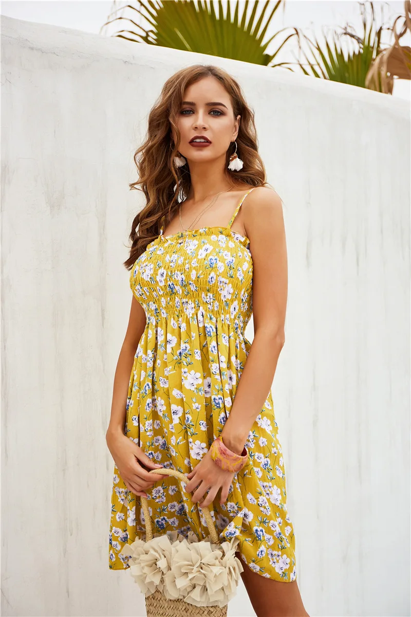 Богемное летнее Цветочный принт С НАБОРНЫМИ БРЕТЕЛЬКАМИ платье Для женщин 2020