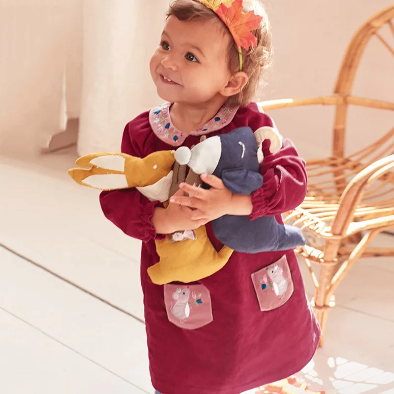Jumping meters New Cotton Corduroy Princess Girls Dresses for Autumn Winter Kids Pockets Animal Applique Collar Fashion Dress | Детская