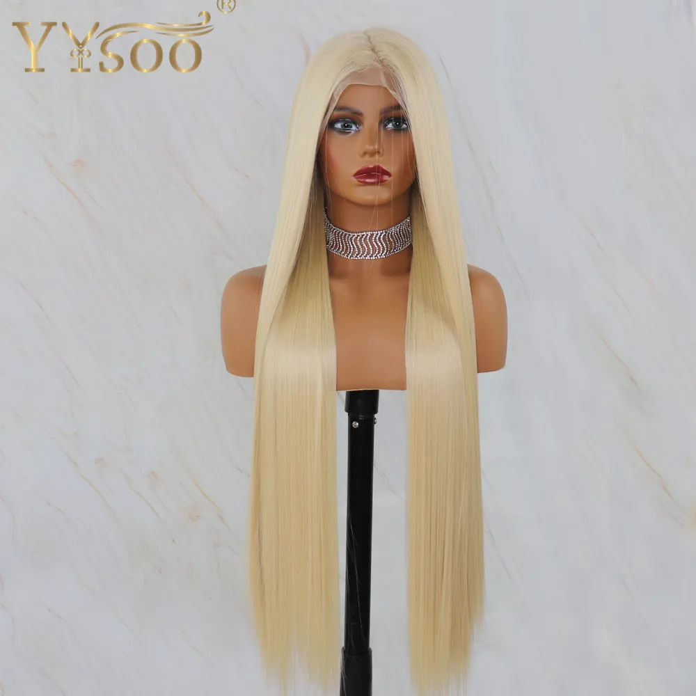 YYsoo 30inch Long 13x6 Synthetic Lace Wigs for Women Grils 613 Color Futura Fiber Silky Straight Blonde Wig Natural Hairline
