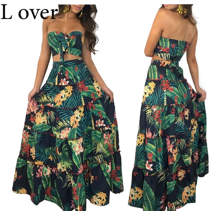 

Женский праздничный комплект из двух предметов, элегантный повседневный Асимметричный костюм с длинной юбкой с открытыми плечами и принто...