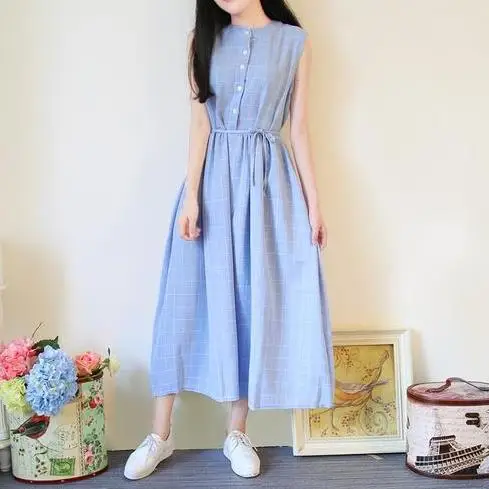 Mori Girl весеннее женское длинное платье без рукавов со стоячим воротником