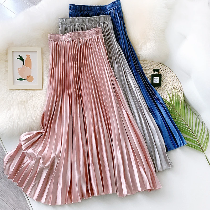 

Wasteheart Blue pink Women Skirts High Waist Pleated Mesh Mid-Calf Length Skirt All-match Clothing Vintage Mesh Gradient Ramp