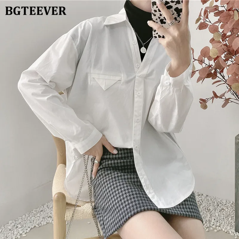 

BGTEEVER Casual Fake 2 Pieces Women Turn-down Collar Shirts Full Sleeve Loose Single-breasted Solid Blouses Tops Femme Blusas