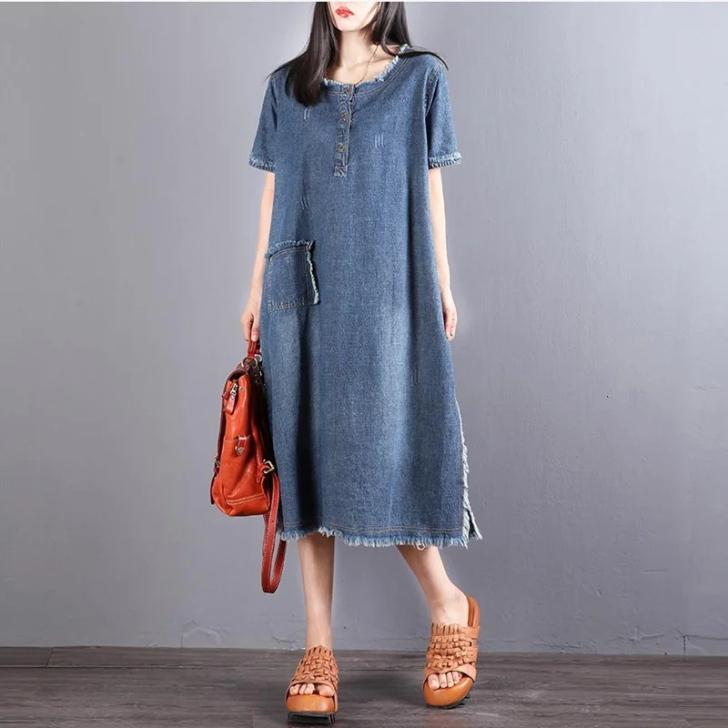 

Denim skirt short sleeve temperament dress 2020 summer new loose medium length woolen collar large denim dress for women