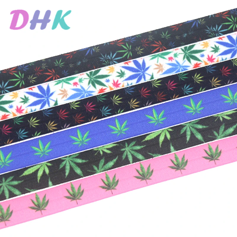 

DHK 5/8'' 5yards leaf printed Fold Elastic FOE stretch ribbon hairbow headwear headband DIY OEM E1756