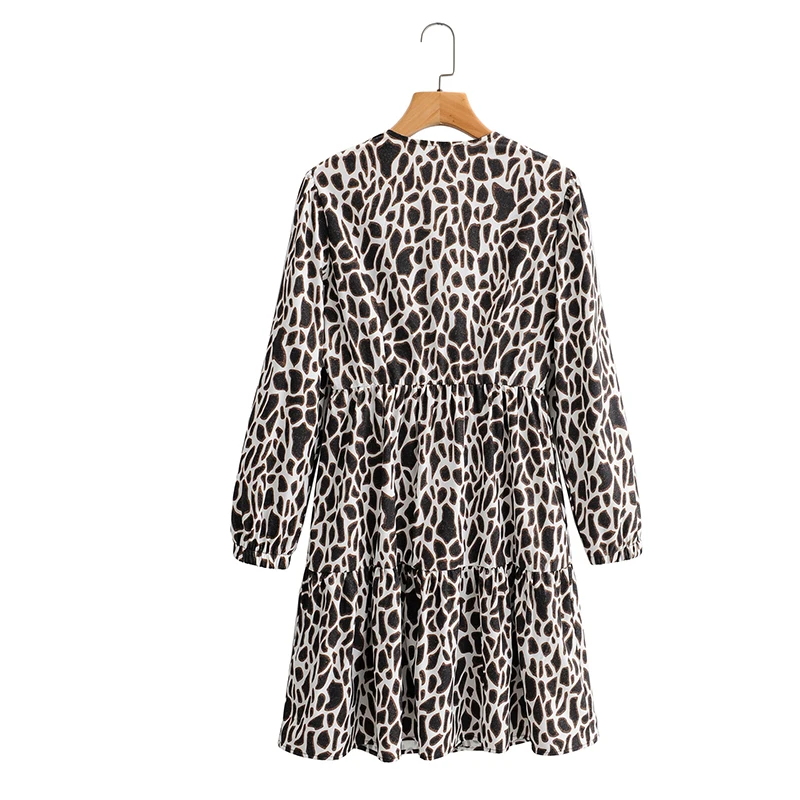 Женское мини-платье с длинным рукавом V-образным вырезом и принтом | Женская