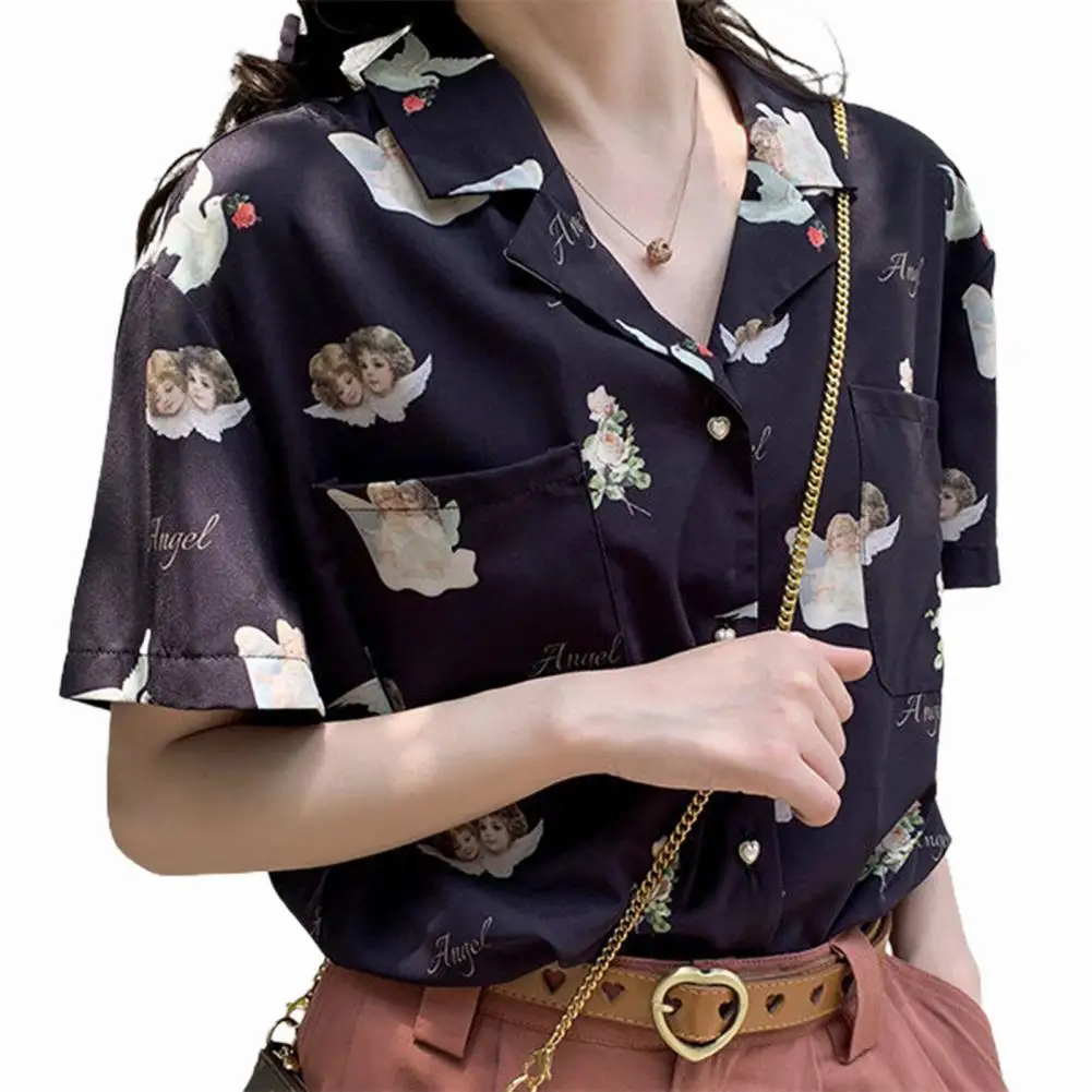 

Summer 2021 Female Casual Vintage Shirt Printed Buttons Women Loose Short Sleeve Turn-down Collar Single Breasted Blouse Dating