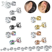 zs 1 piece 2 8mm round cz crystal stud earring for women men 5 colors stainless steel ear tragus cartilage piercings jewelry 20g