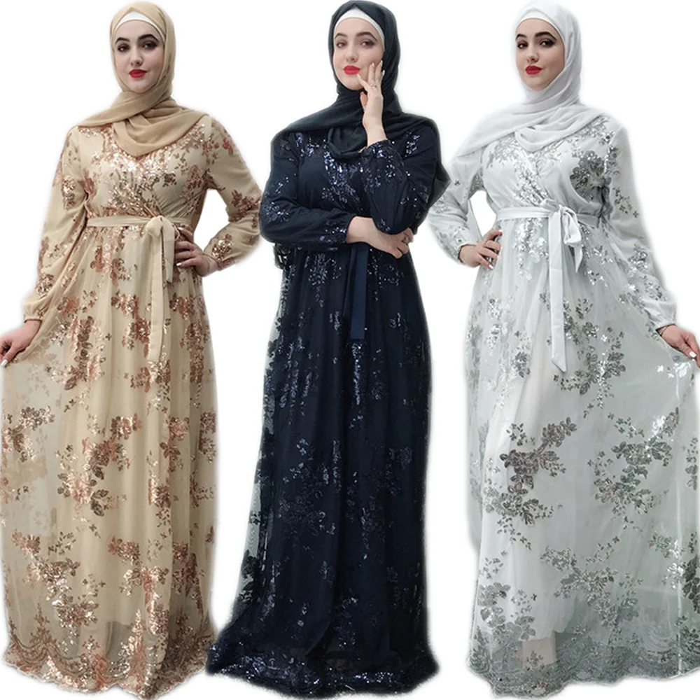 Рамазан блесток мусульманских женщин турецкий длинное платье халат абаи джилбаба кафтан исламский арабский одежда из Дубая Ближнего Восто...