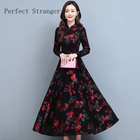 2021 autumn winter new arrival chinese style mother dress stand collar floral long sleeve women long knitting cotton dress