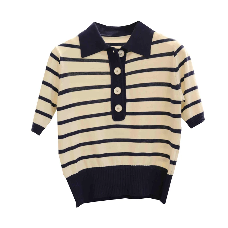 

Polo Collar Short-Sleeved Sweater for Women Spring and Summer New Versatile Korean Style Preppy Style Contrast Color Striped