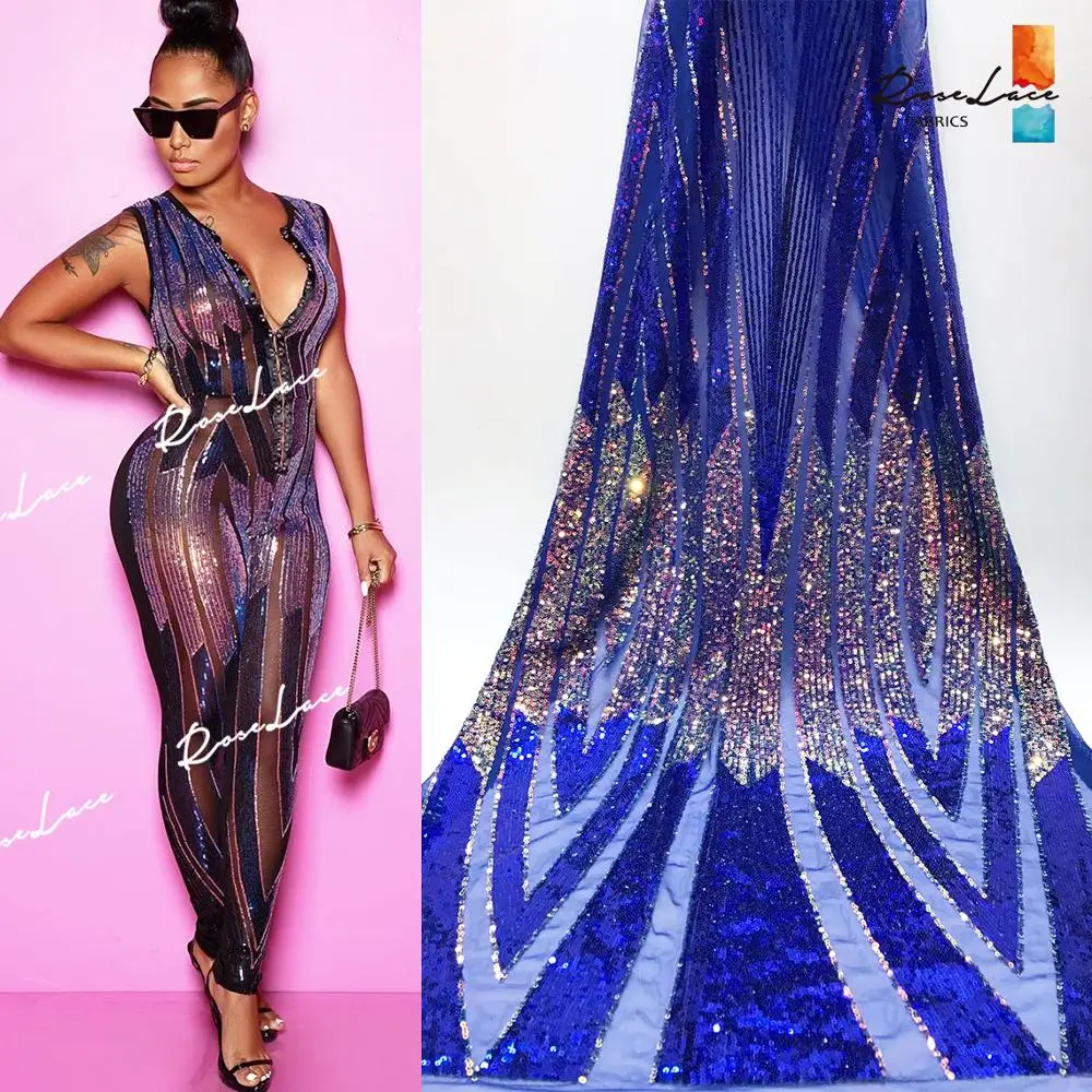 Королевское синее Африканское расшитое блестками Сетчатое кружево 2020 высокое