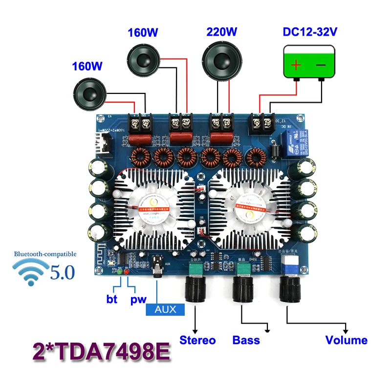 

2*160W+220W TDA7498E Power Subwoofer Amplifier Board Bluetooth-compatible 2.1 Channel Class D Home Theater Audio Stereo Amp