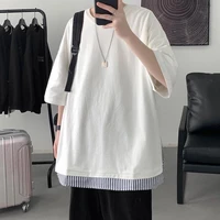2021 for new high quality solid color cotton t shirt summer funny fake two short sleeves 2021 clothes male simple all match tops