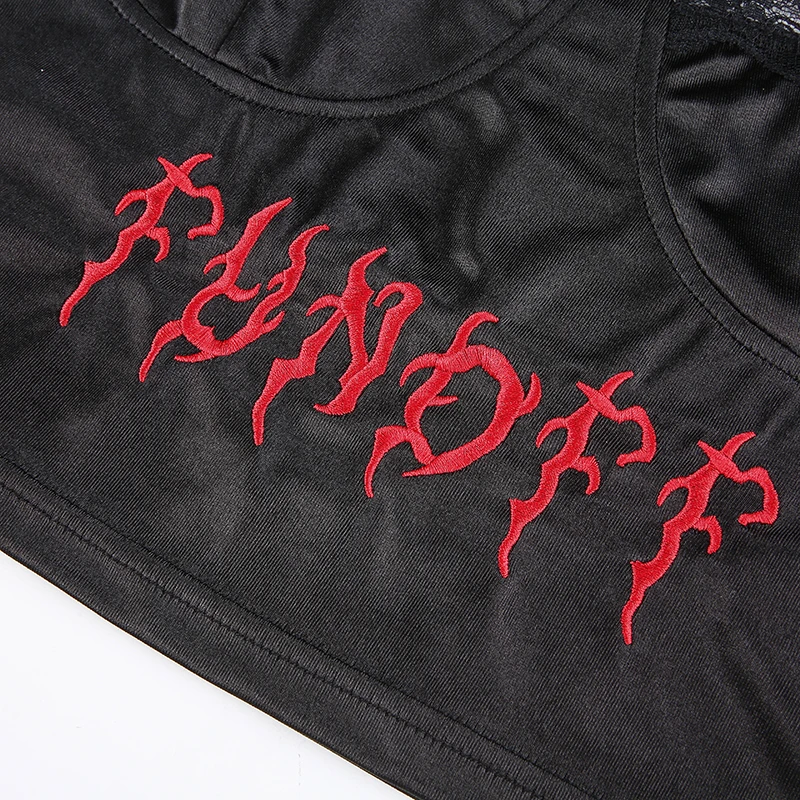 

Rockmore Gothic Lace Cami Women Letter Embroidery Crop Top Sexy Backless Black Low Cut Sleeveless Tops Tees Streetwear Camisole