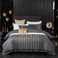 Vertical Embroidered Hotel Duvet Cover Soft Breathable 100%Cotton Double/Queen White Dark Grey Bedding set Bed Sheet Pillowcases