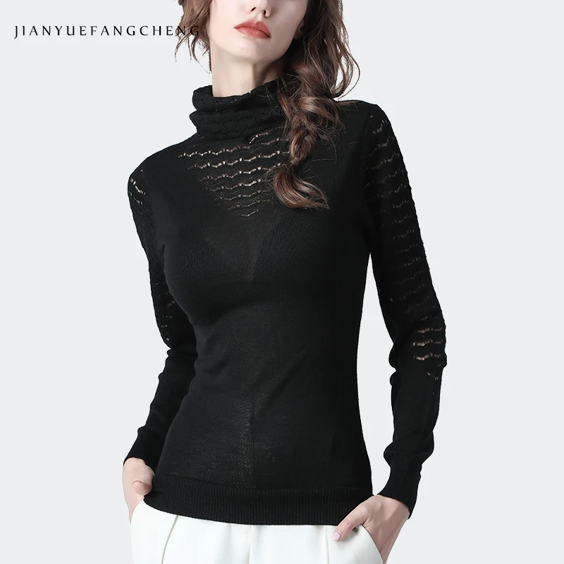 Sexy Skinny Womens Turtleneck Sweater Solid Long Sleeve Thin Knitted Top Hollow Out Female Inner Wear Pullovers | Женская одежда