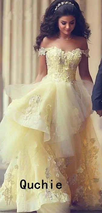 

Off the Shoulder Tulle Wedding Dresses Tiered Ruffles Appliques Yellow Bridal Dress Formal Vestidos de Noivas Plus