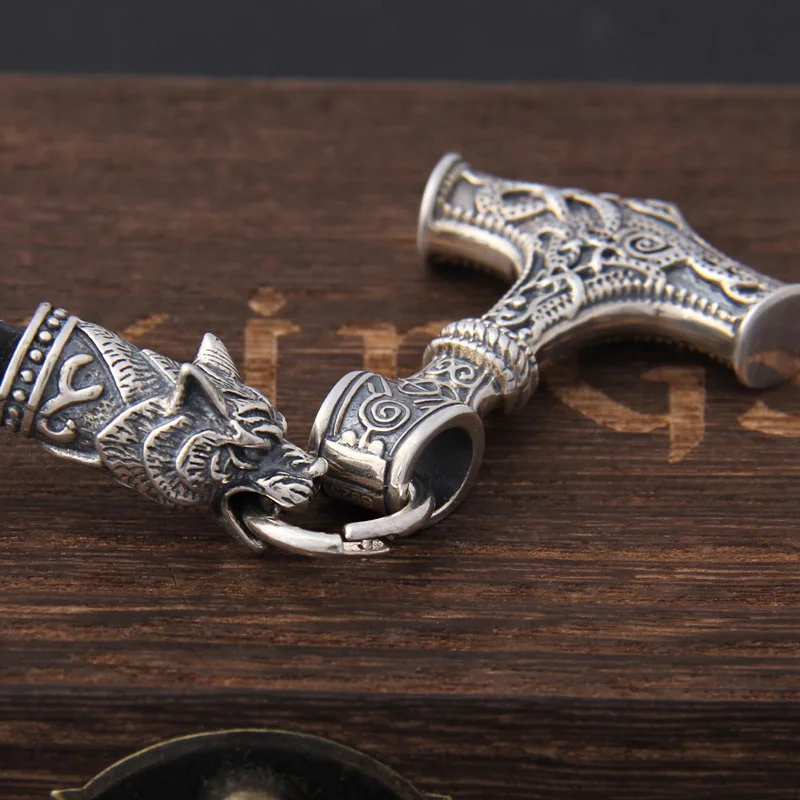 S925 стерлингового серебра Викинг-волк головы с thor's Молот Мьёльнир Кулон кожаный мужской ожерелье как рождественский подарок