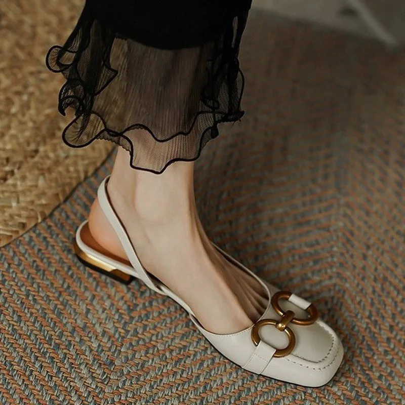 

Women Sandals Low Heels Flats Loafers 2021 Summer Fashion New Square Toe Pu Leather Metal Buckle Solid Ladies Single Shoes