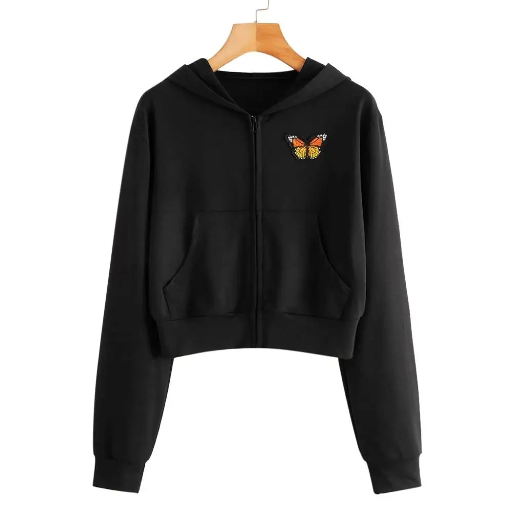 Женская рубашка с длинным рукавом и вышивкой бабочки карманами на молнии свитшот