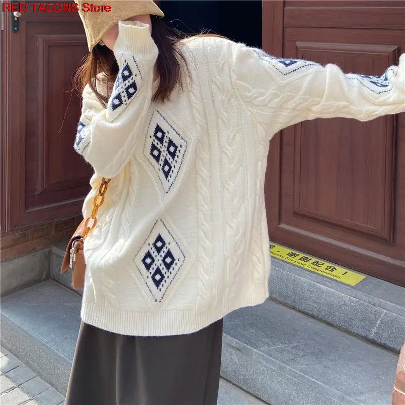 

2021 Autumn New Korean Version Loose Twist Argyle Knit Sweater Female Fashion Round Neck Leisure Pullover Concise Style Tops