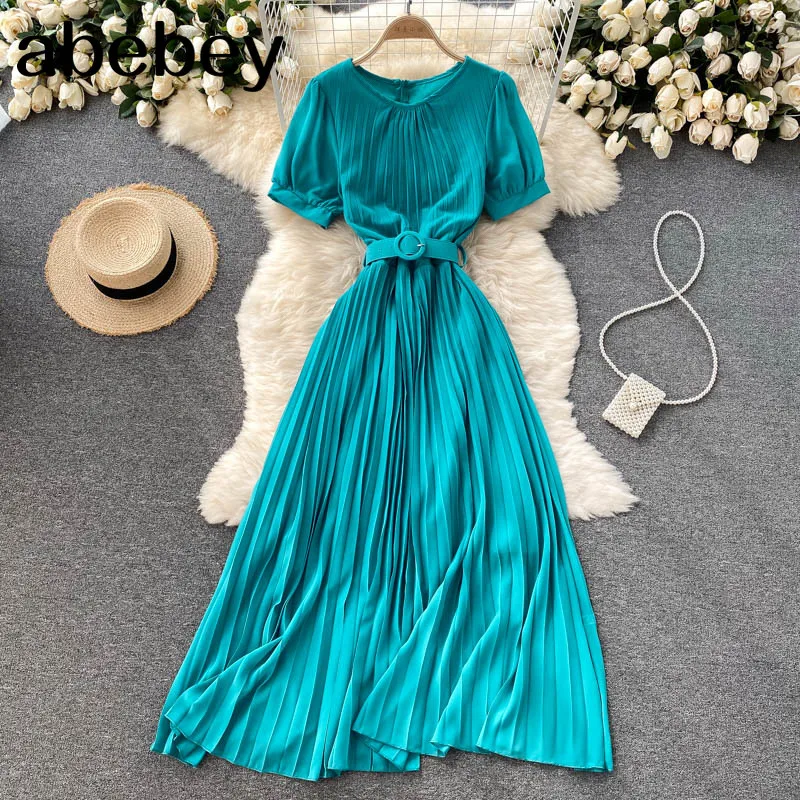 

Summer Solid Pleated Short Sleeve Maxi Dress Women High Waist Slim Sashes Belt Ladies Robe O-neck Office Lady Vestidos
