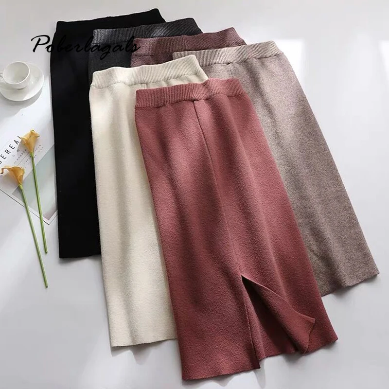 Осенне зимняя шерстяная вязаная юбка с высокой талией и разрезом Женская