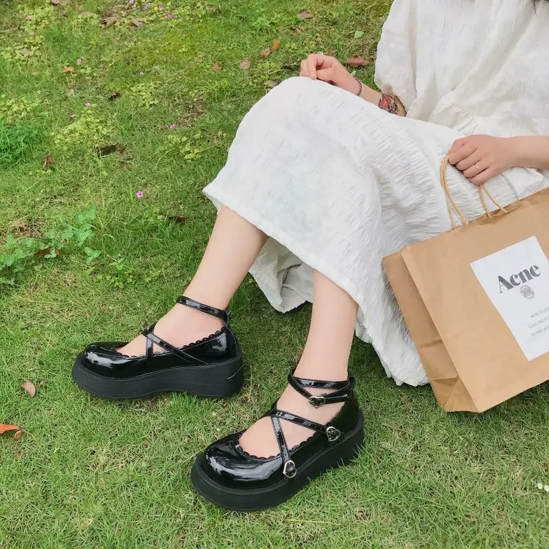 

Spring Sweet Lolita Women Shoes Platform Round Head Thick Heel Cross Bandage Women Shoes Kawaii Shoes Cosplay Mary Jane Shoes