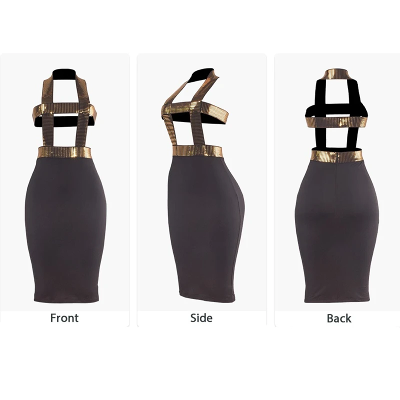 

Hollow Out Sequins Midi Dress for Women Sexy Backless Bandage Gold Clothes Ladies Party NightClub Halter Pencil Evening Dresses