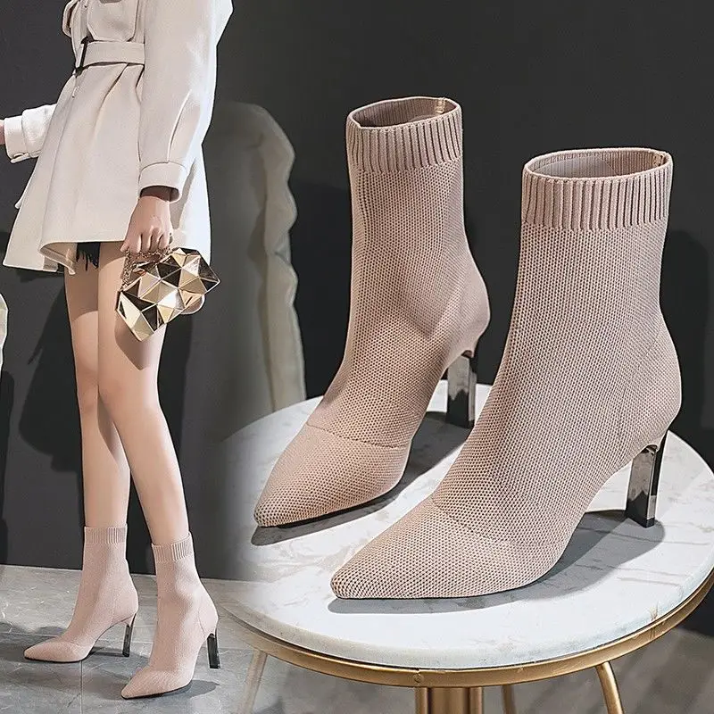 

Women Boots Metal Blade Heels Socks Boots Stretch Fabric Elastic Stilettos Heel Pointed Toe Ankle Shoes Boats Botas De Mujer