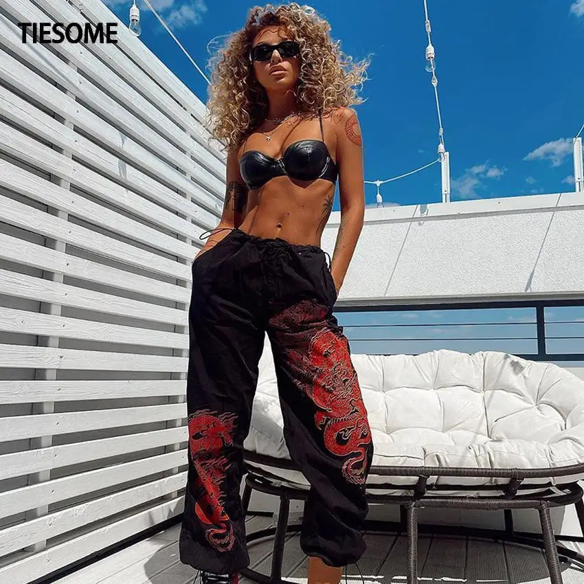 

TIESOME Featured Drawstring Elastic Waist Dragon Print Pants Loose Pockets Women 2020 Hip hop Streetwear Trousers High Street