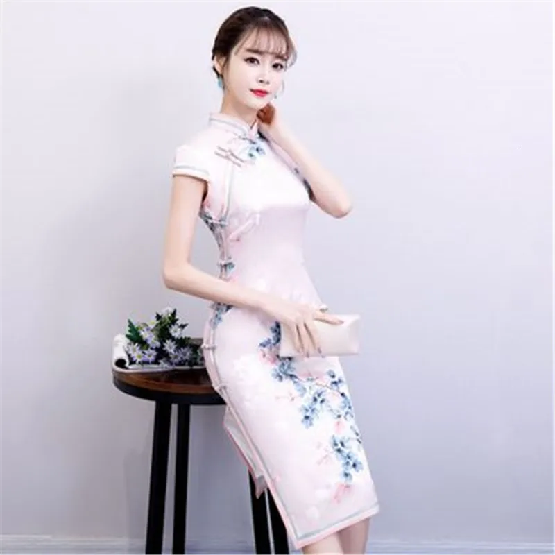 Красное китайское традиционное платье женское шелковое атласное Cheongsam винтажное Ципао летнее платье с коротким рукавом Вечерние Платья с цветочным принтом размера плюс
