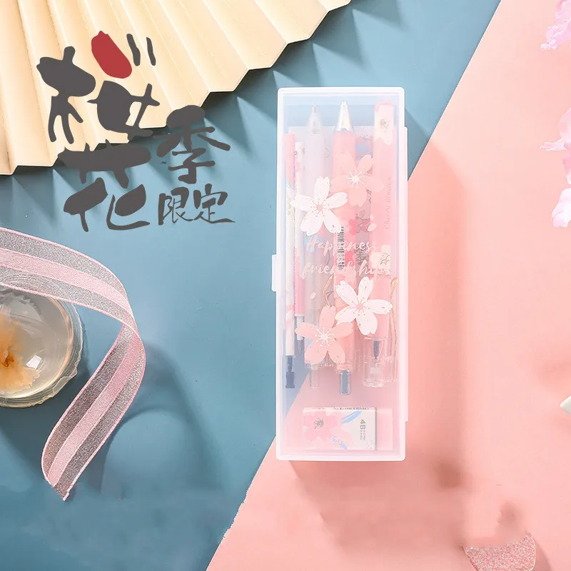 

Cute kawaii 8pcs/lot "Cherry Blossom" Stationery Set include PP box,Gel Pen,Pencil,Eraser,Refill Gift Stationary school set
