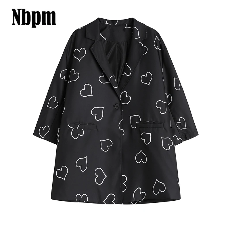 

2021 Women Fashion Single Button Loose Blazer Coat Vintage Autumn Suits Jacket Pockets Female Outerwear Chic Femme Heart print