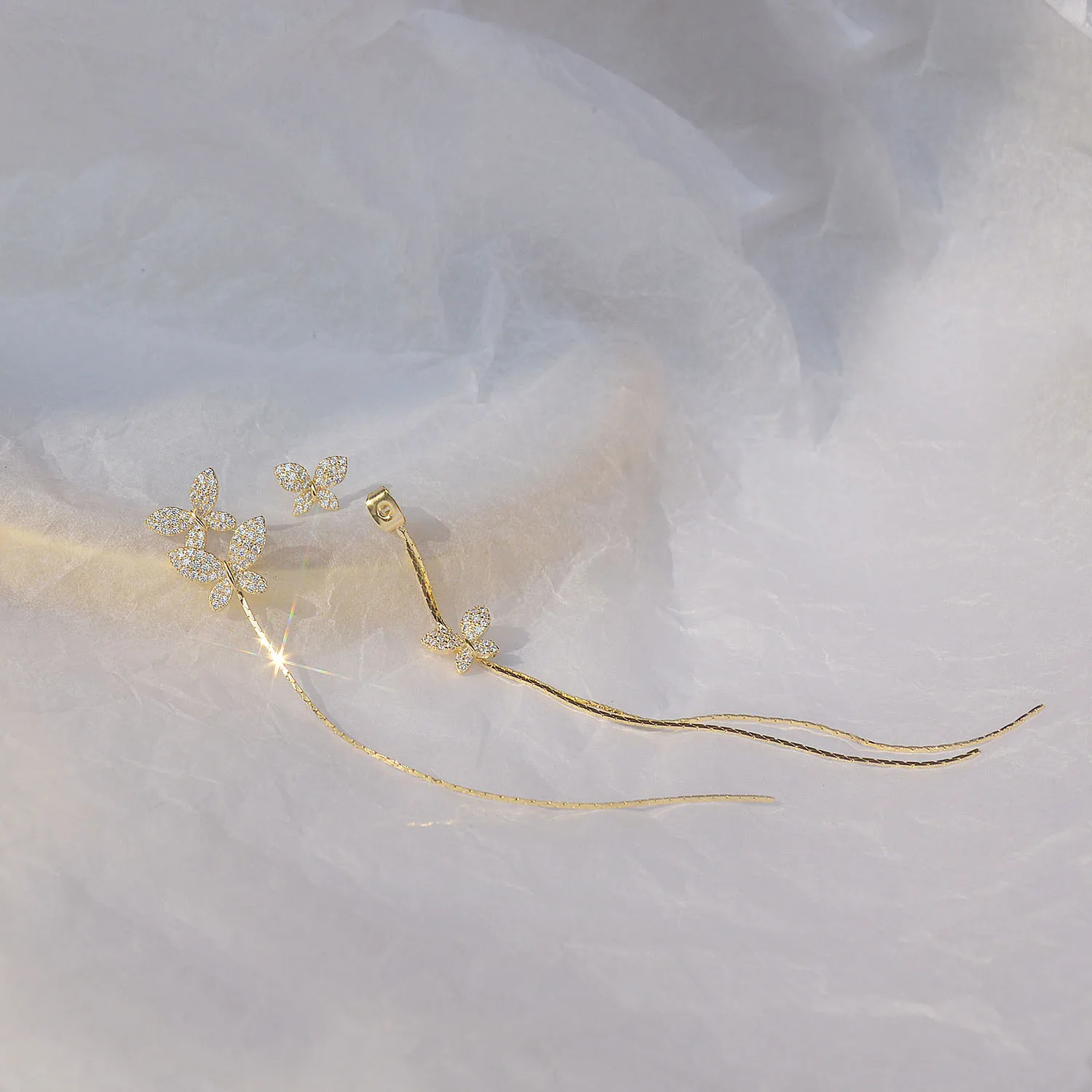 

Luxury 14K Real Gold Long Design Asymmetrical Butterfly Wings Stud Earrings for Women Cubic Zircon ZC Earrings